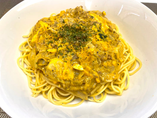 かぼちゃとひき肉のクリームパスタ