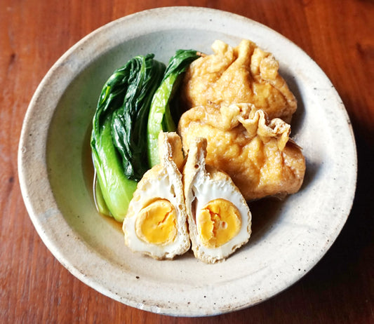 油揚げのきんちゃくたまご小松菜添え